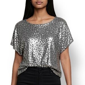 4/$20 Xhilaration Silver Sequin Short Sleeve Top Blouse Party Sparkle Small
